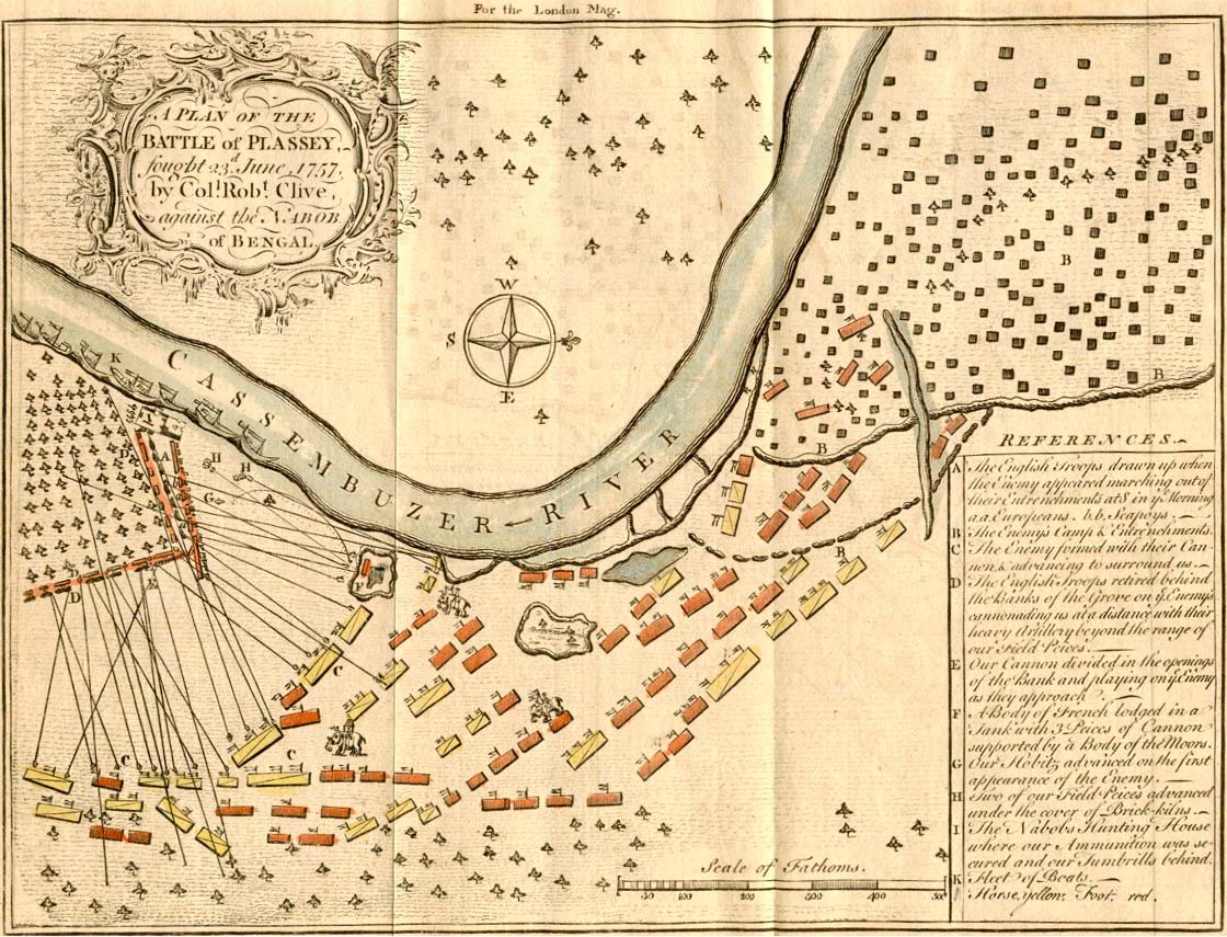 Eighteenth century plan of the Plassey battlefield beside a river with troop positions