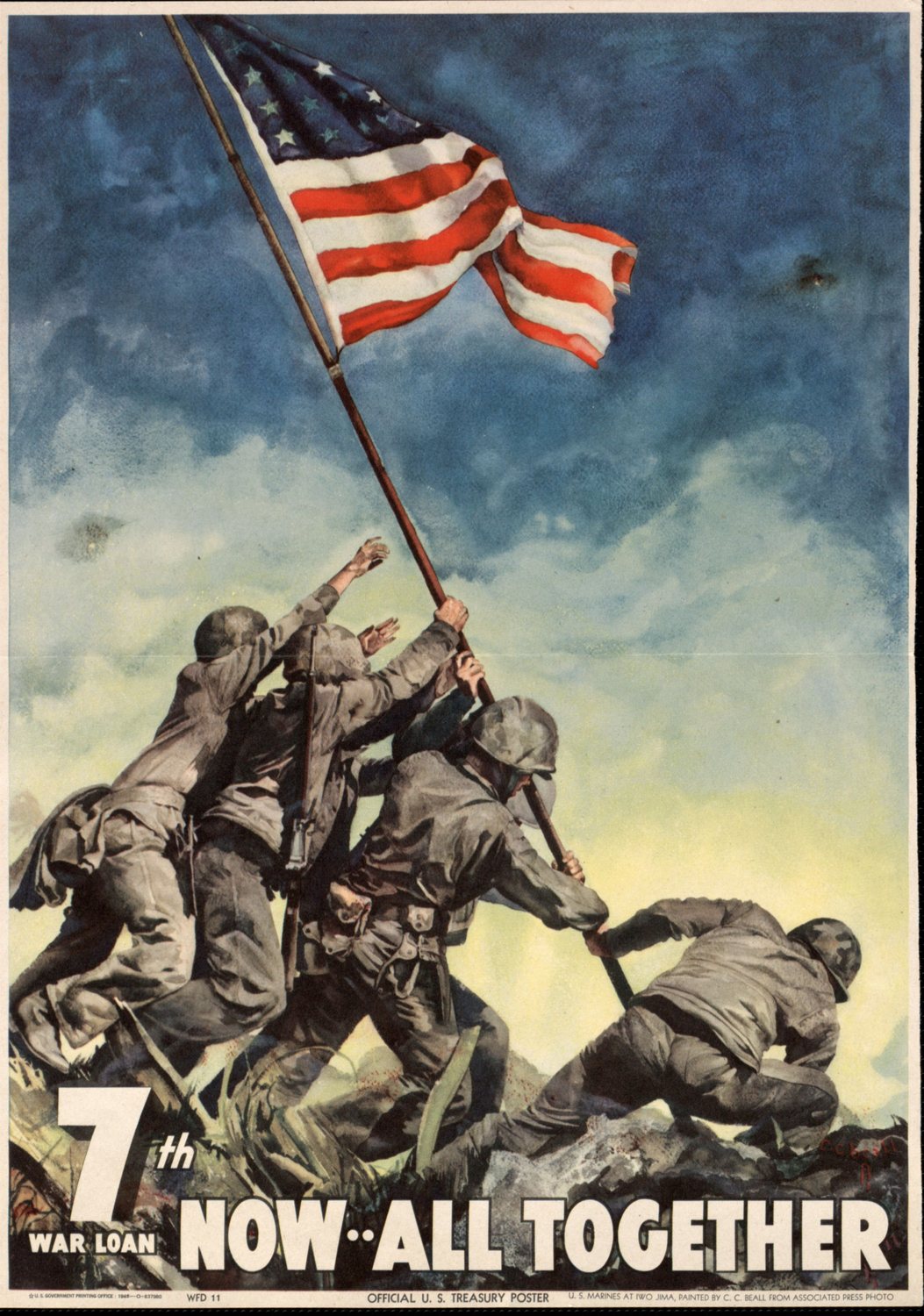 Poster of Marines raising the flag with the words Now All Together