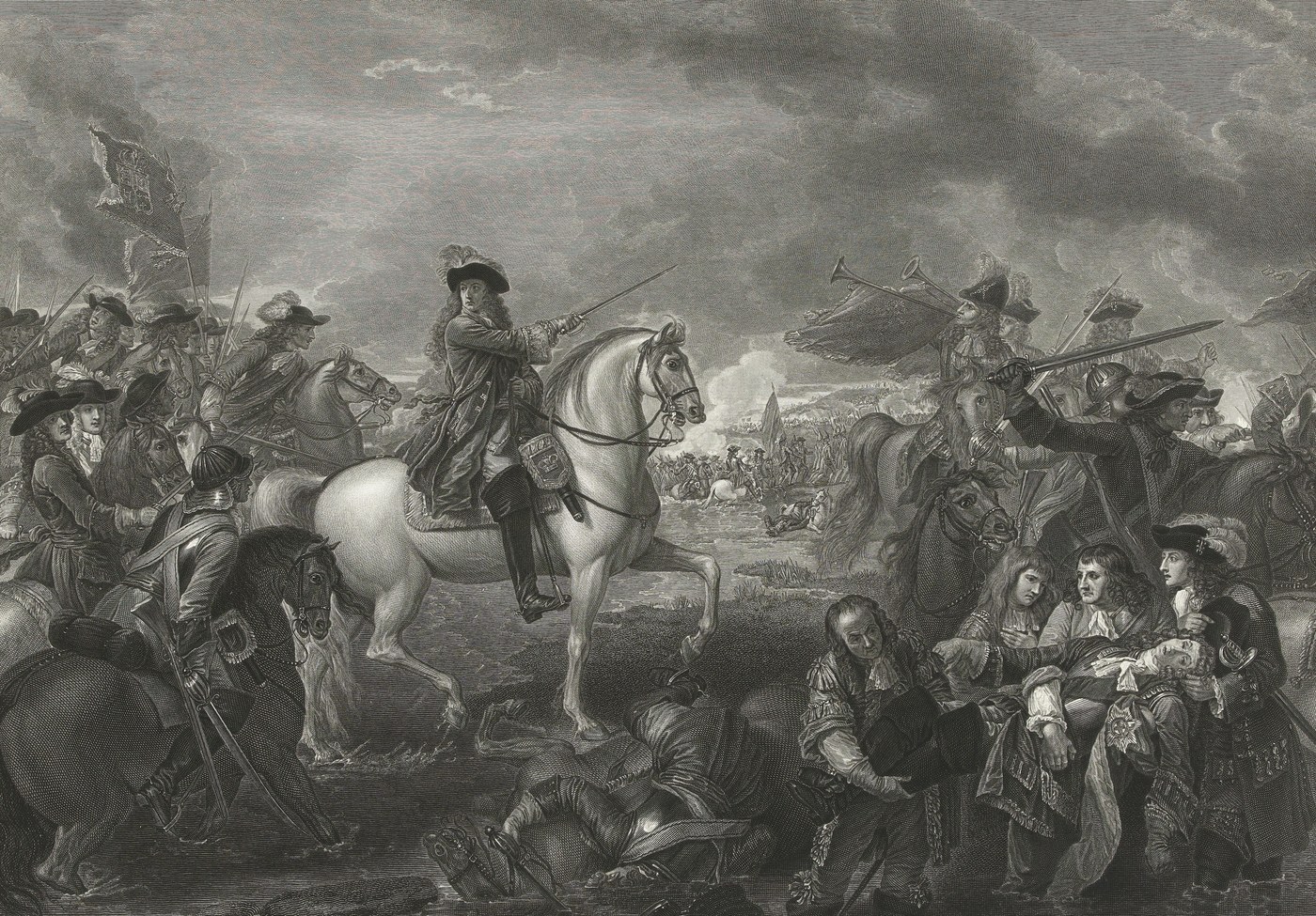 18th-century engraving of a battle at a river: a commander on a rearing white horse with his sword raised, cavalry around him and a wounded officer carried from the water.
