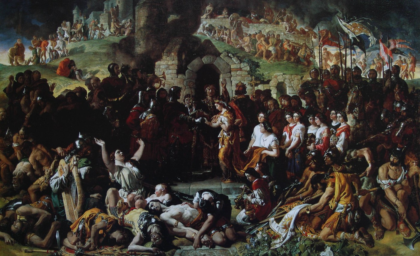 Crowded 19th-century history painting: a Norman knight in armor takes the hand of an Irish princess amid soldiers, mourners and the dead after the taking of a town.
