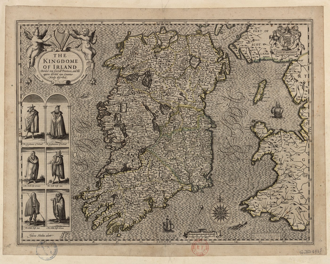 Engraved 17th-century map of Ireland divided into provinces and counties, with panels of Irish men and women in costume on the left and a compass rose and ships at sea.