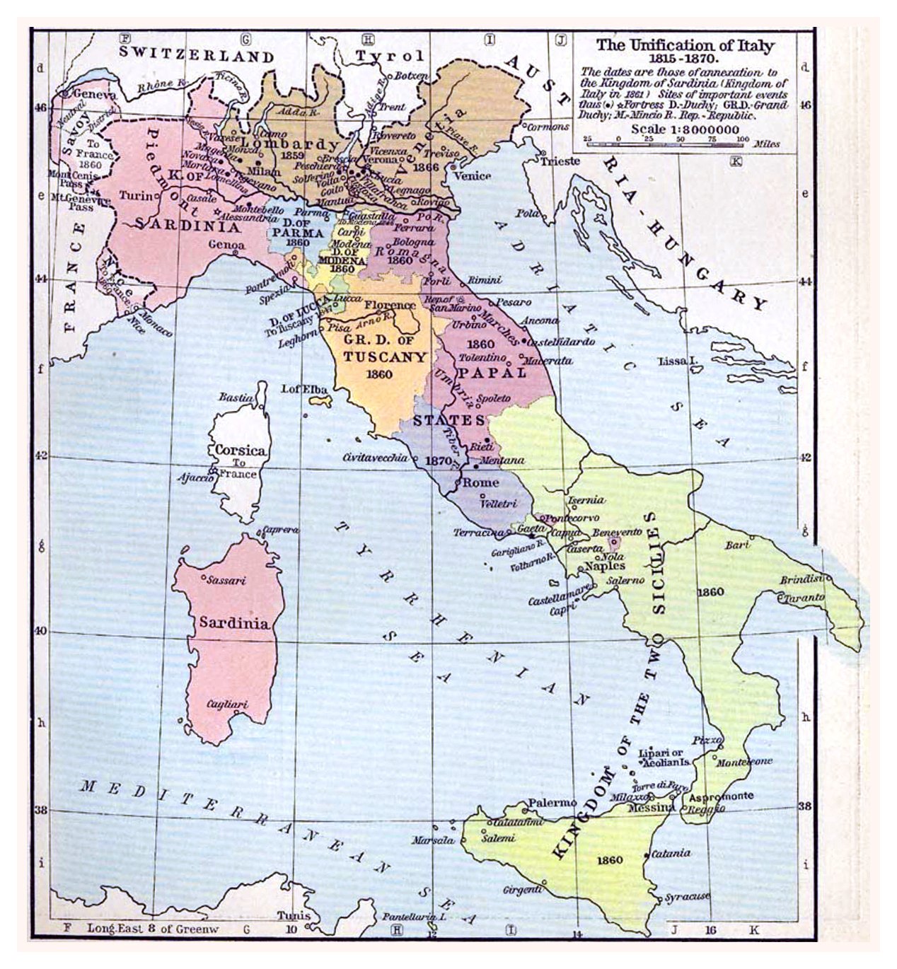 Barwna mapa historyczna Włoch od Alp po Sycylię: Królestwo Sardynii na różowo na północnym zachodzie i na Sardynii, Lombardia i Wenecja na brązowo, Toskania na pomarańczowo, Państwo Kościelne na fioletowo i Królestwo Obojga Sycylii na jasnozielono, każde z rokiem przyłączenia.
