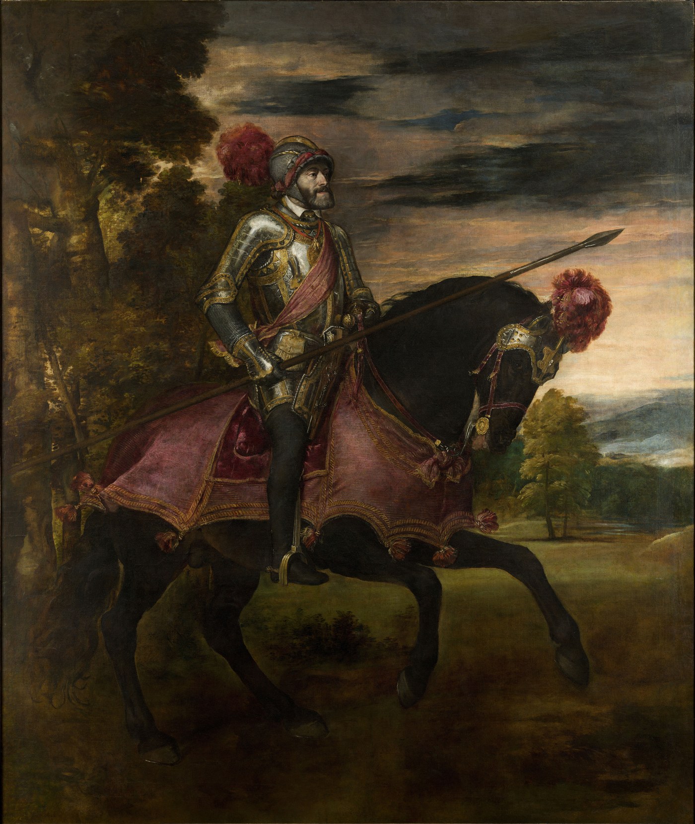 Oil painting of an emperor on horseback in gleaming plate armor and a helmet with a red plume, holding a lance and wearing a crimson sash, riding a dark horse with a red-plumed headpiece out of a wood under a dusky sky.