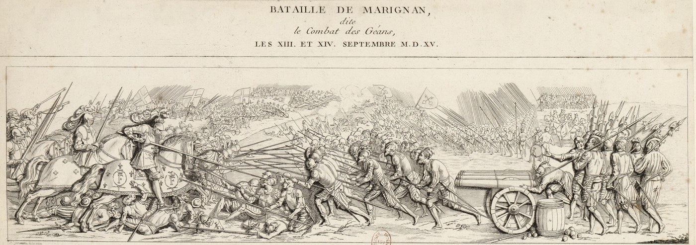 Long black and white engraving of a battle frieze titled Bataille de Marignan: on the left a king in armor on a horse draped with lilies charges with his knights over fallen men into a dense mass of Swiss pikemen, while gunners haul a cannon on the right under banners and a forest of pikes.