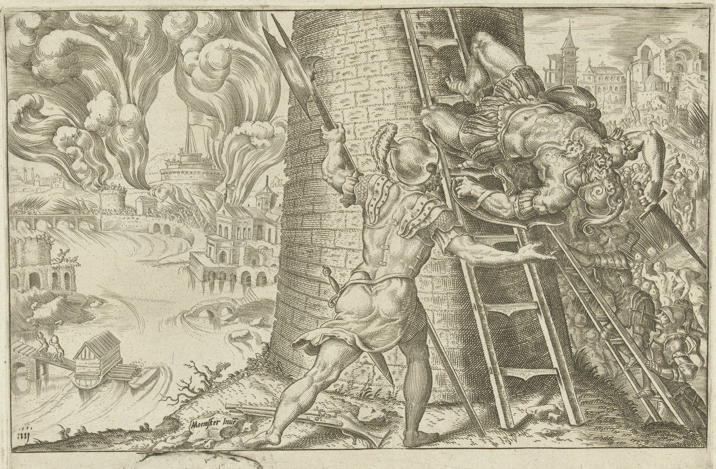 Engraving of soldiers scaling the walls of Rome on ladders: a man in armor falls backward from a ladder against a round tower while a soldier below raises a halberd, and on the left smoke and flames rise over the city, the river and the Castel Sant'Angelo.