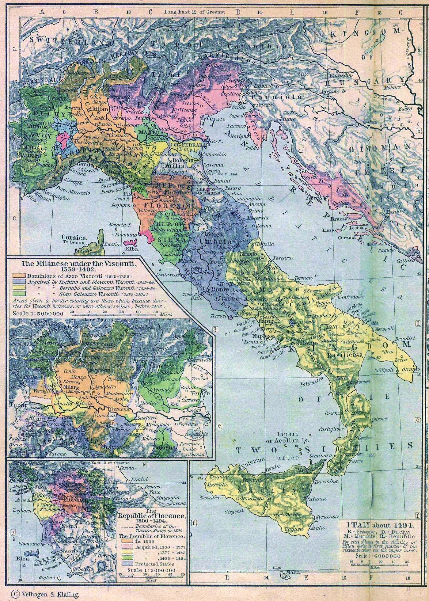 Colored historical map of Italy about 1494: the Duchy of Savoy and the Duchy of Milan in greens and orange in the northwest, Venetian territory in pink and purple in the northeast, Florence in orange and the Papal States in blue in the center, and the Kingdom of Naples in yellow across the south and Sicily, with two inset maps on the left.