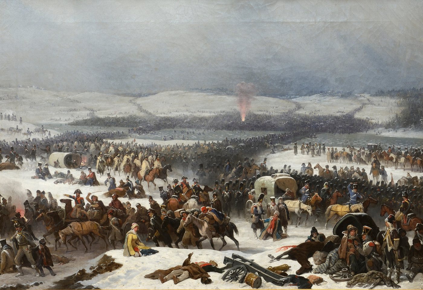 Painting of soldiers, horses and wagons crowding a river crossing in winter