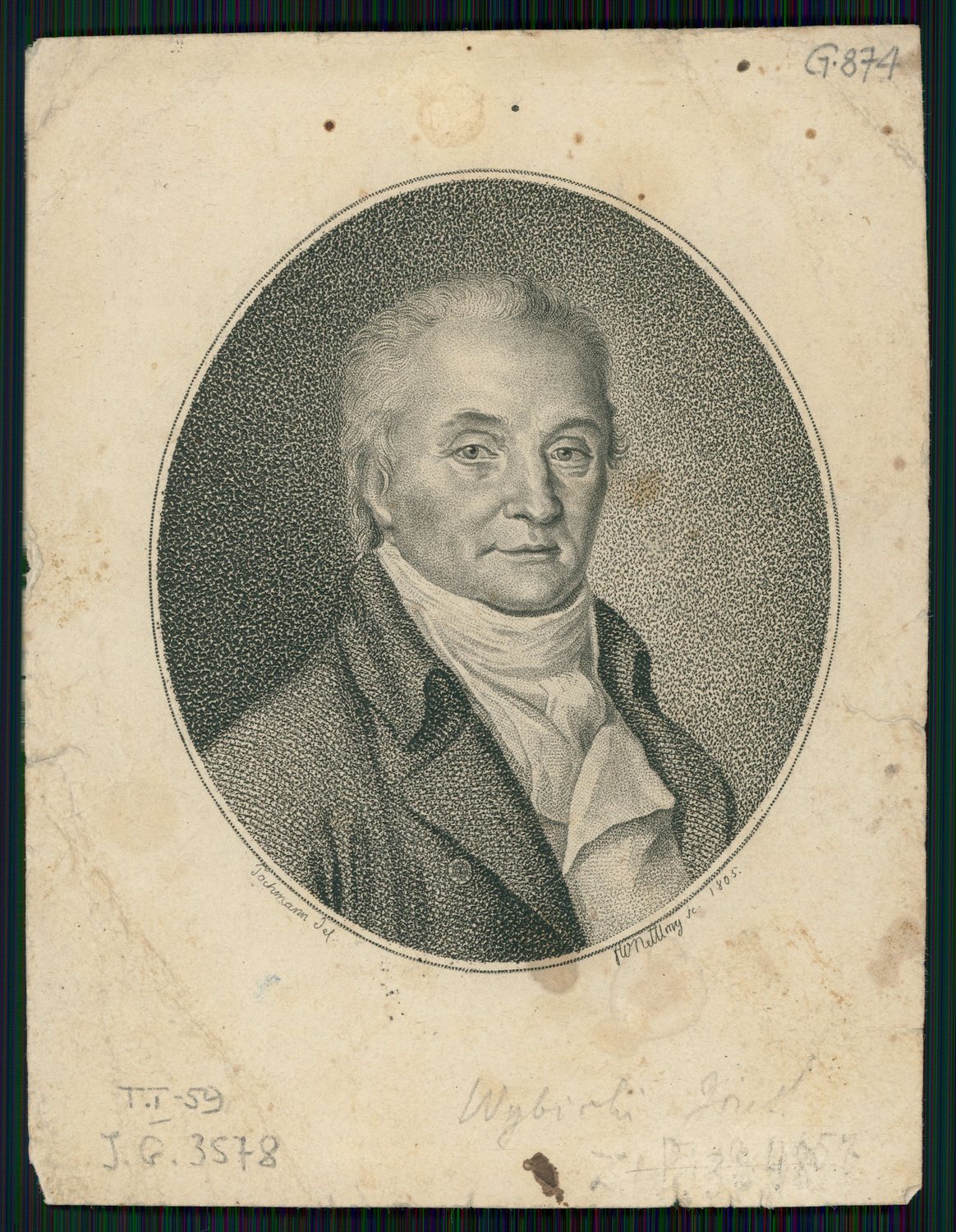 Oval engraved portrait of Józef Wybicki in a high collar