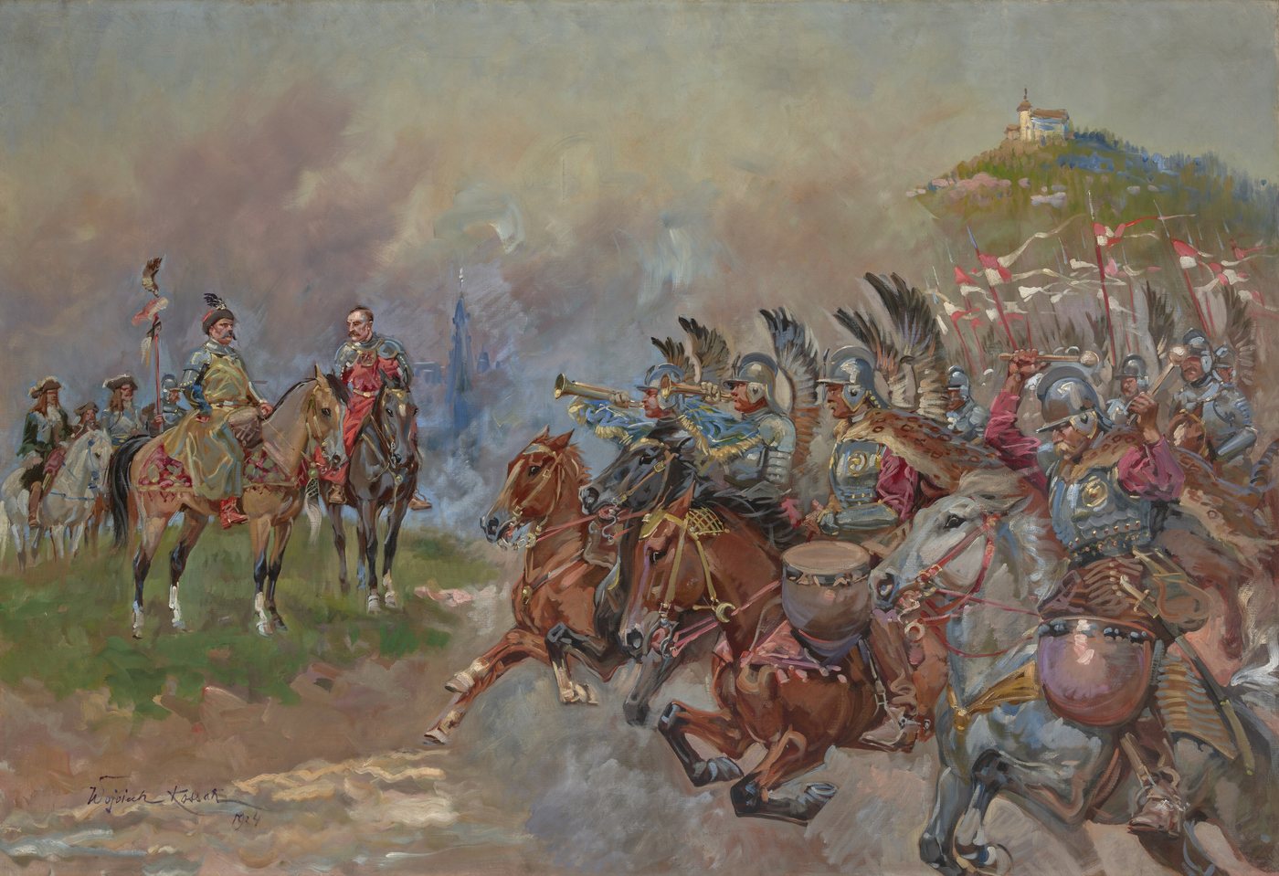 Winged hussars with lances and trumpets passing the king on horseback