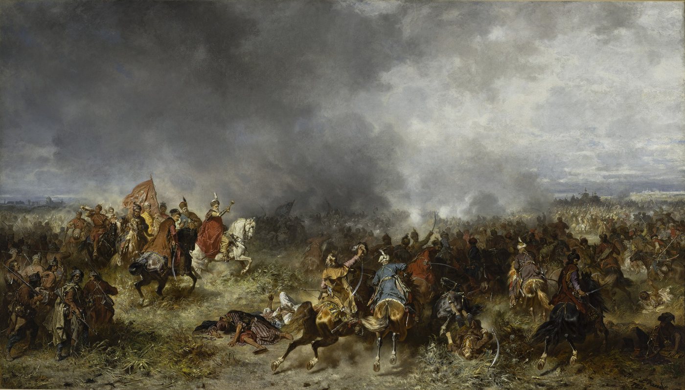 Painting of Polish cavalry in battle with a commander on a white horse