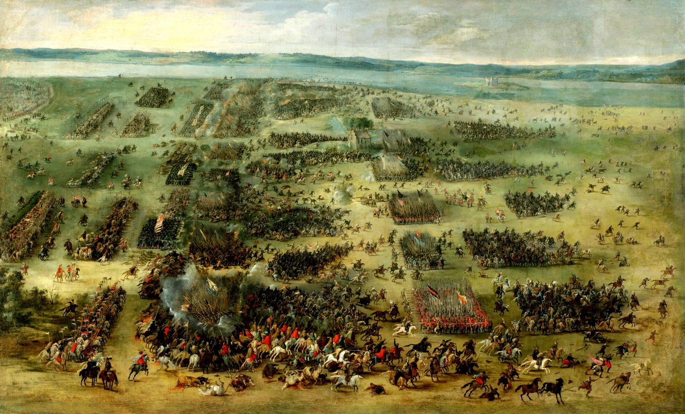 Panoramic painting of cavalry and infantry formations clashing on a wide plain