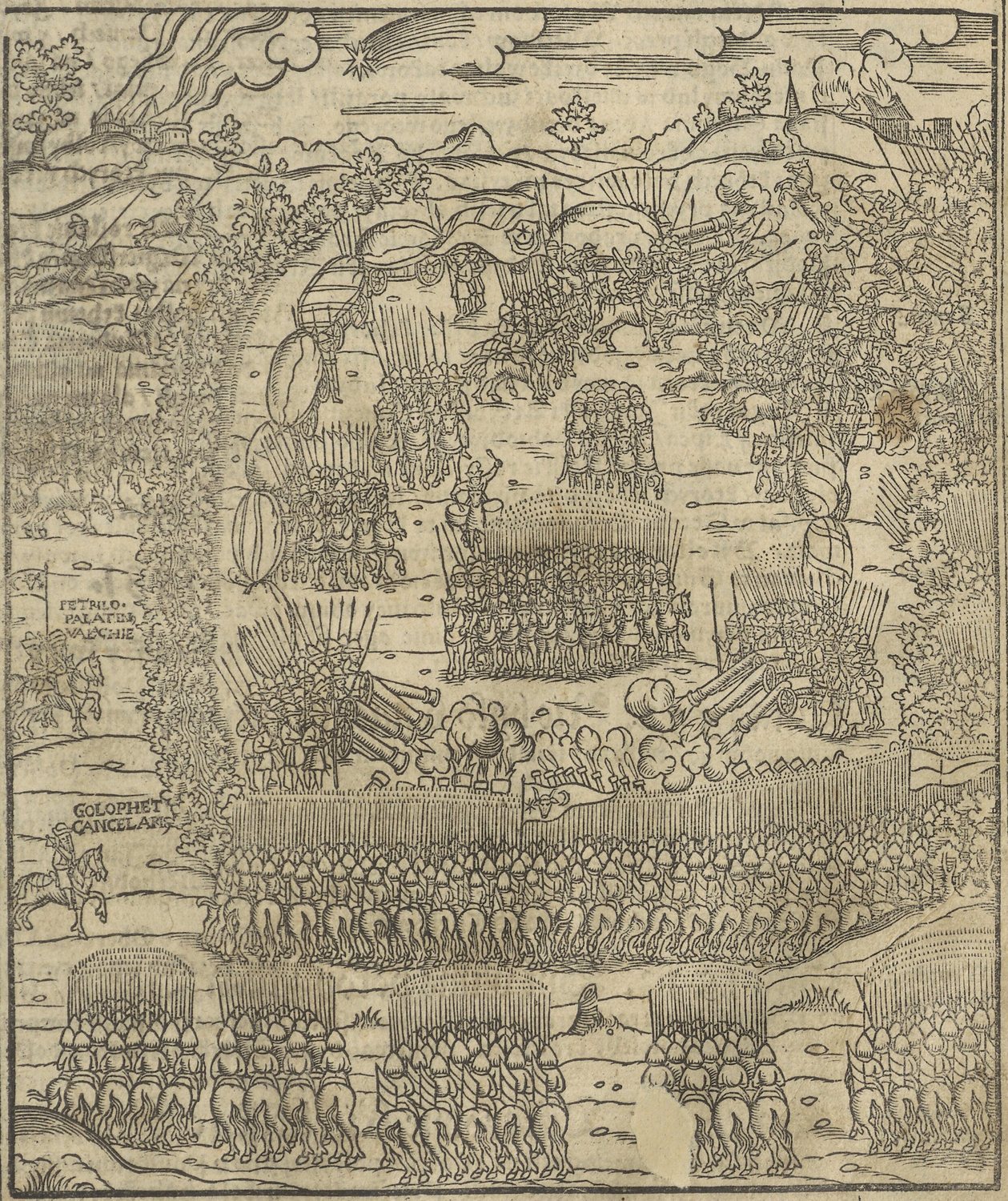 Sixteenth-century woodcut of a fortified wagon camp ringed by ranks of soldiers