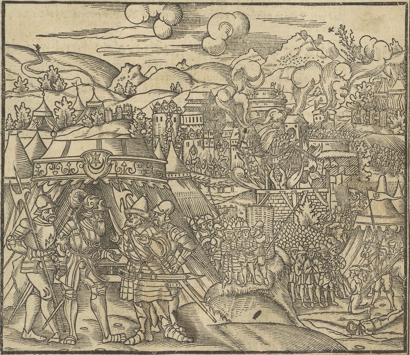 Sixteenth-century woodcut of soldiers storming a fortified town