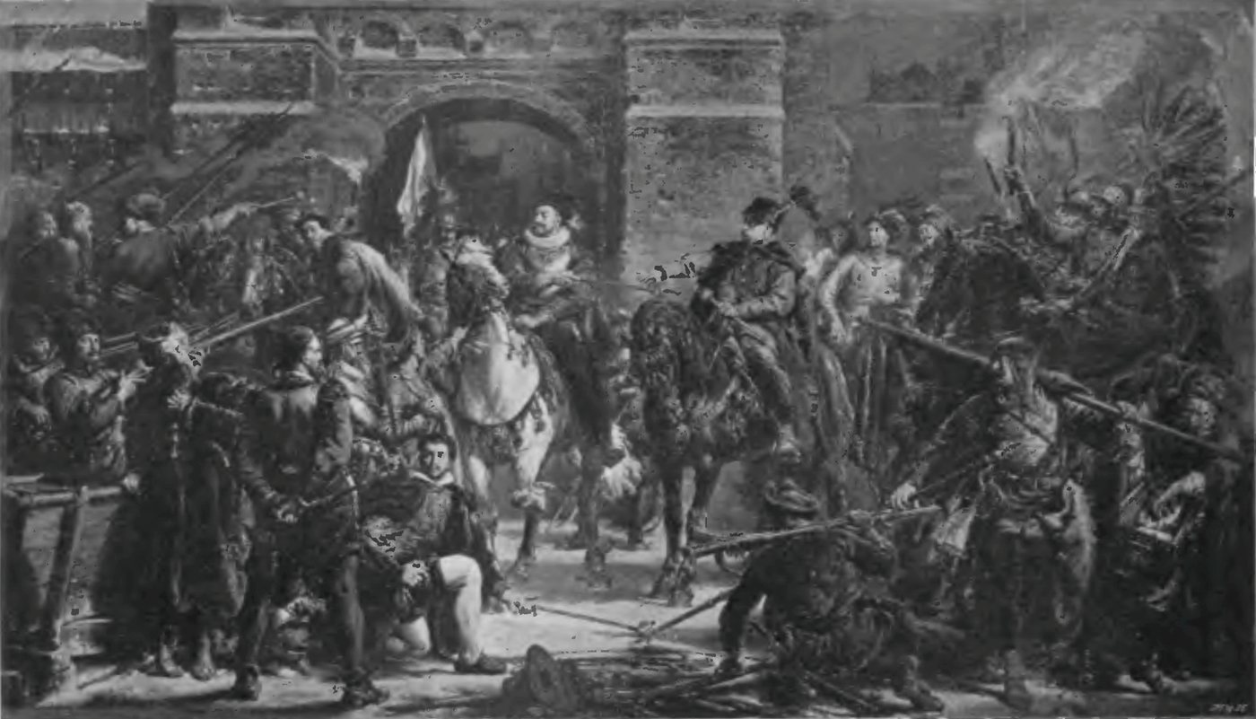 Black and white reproduction of a painting of a mounted commander amid fighting soldiers at a town gate