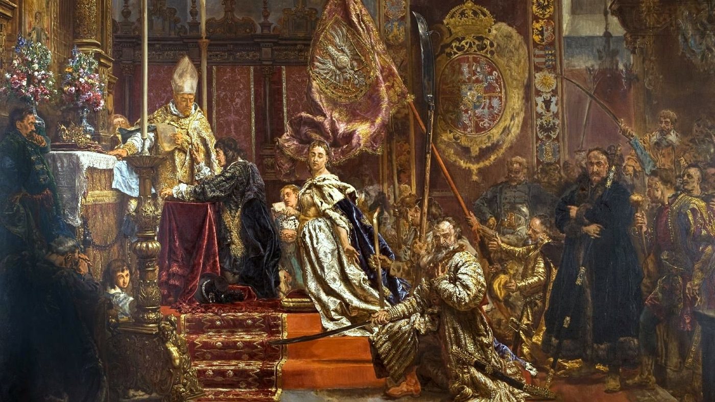 Wielopostaciowy obraz historyczny z klęczącym królem przed biskupem przy ołtarzu, wśród szlachty i duchowieństwa