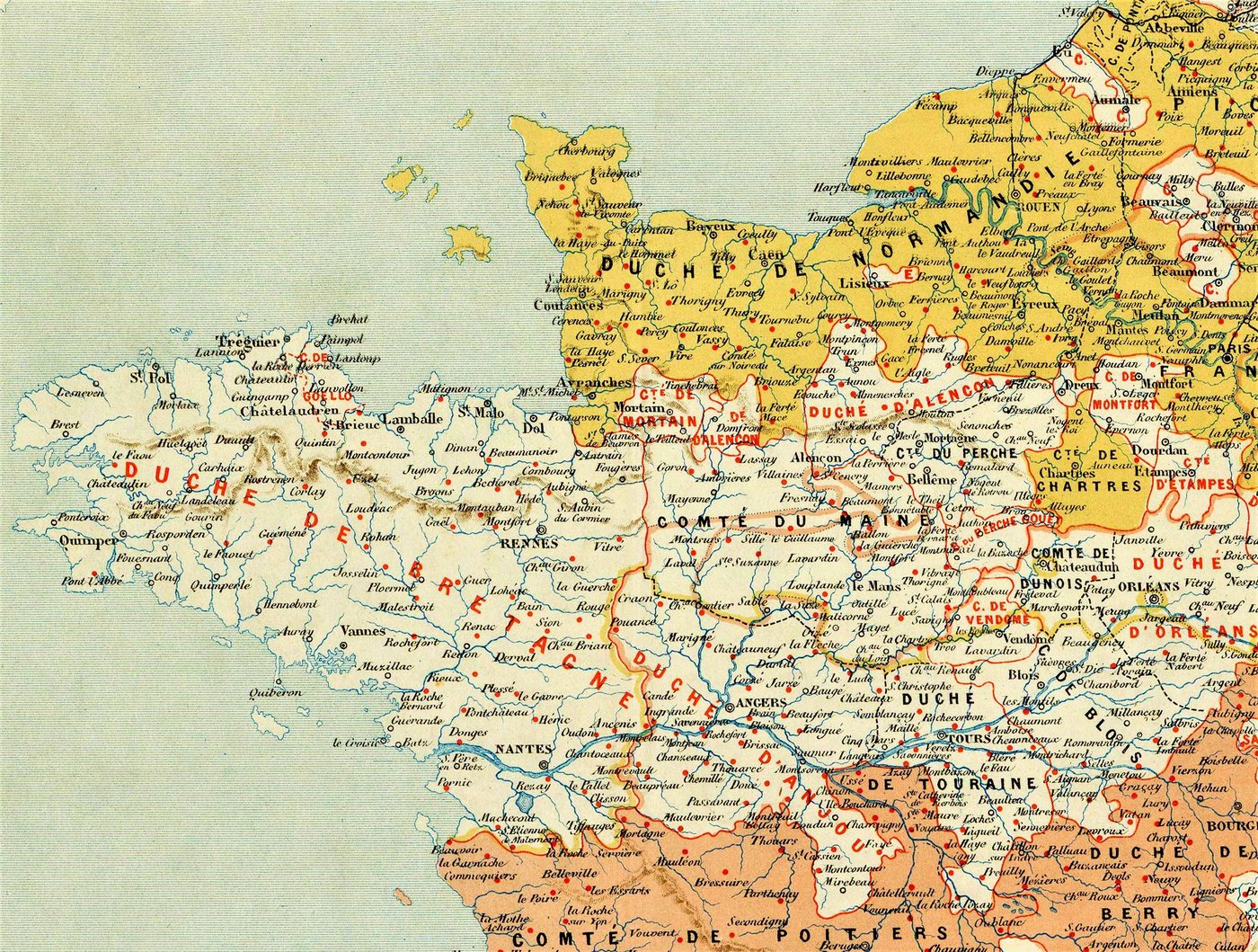 Kolorowa mapa historyczna północnej Francji z ziemiami angielskimi i francuskimi