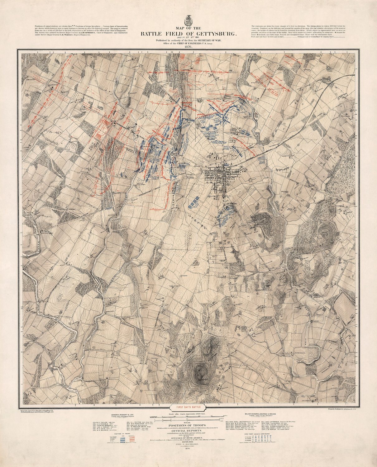 Detailed topographic map of the Gettysburg area with Union and Confederate positions in colour