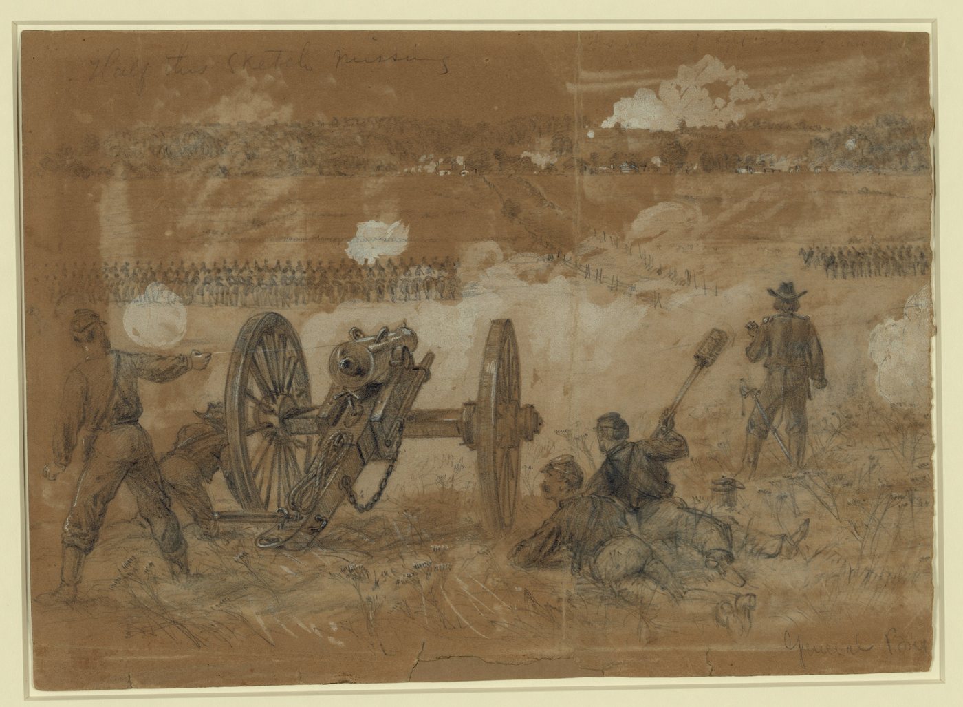 Pencil and white chalk sketch on brown paper of an artillery crew firing a gun with cavalry lines beyond