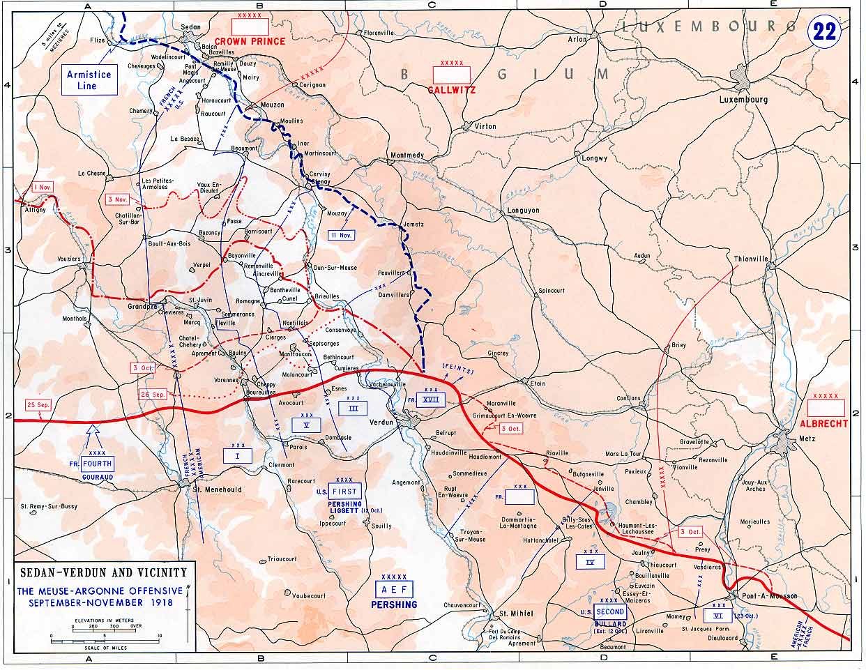 Coloured campaign map of the Meuse-Argonne sector between Verdun and Sedan