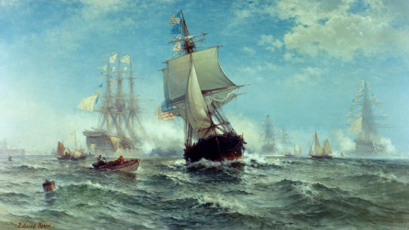 Painting of a small American sailing warship exchanging salutes with large French warships