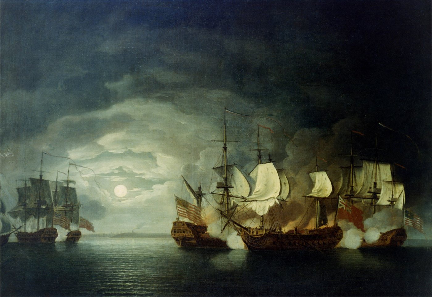 Eighteenth-century painting of sailing warships firing broadsides at close range by moonlight