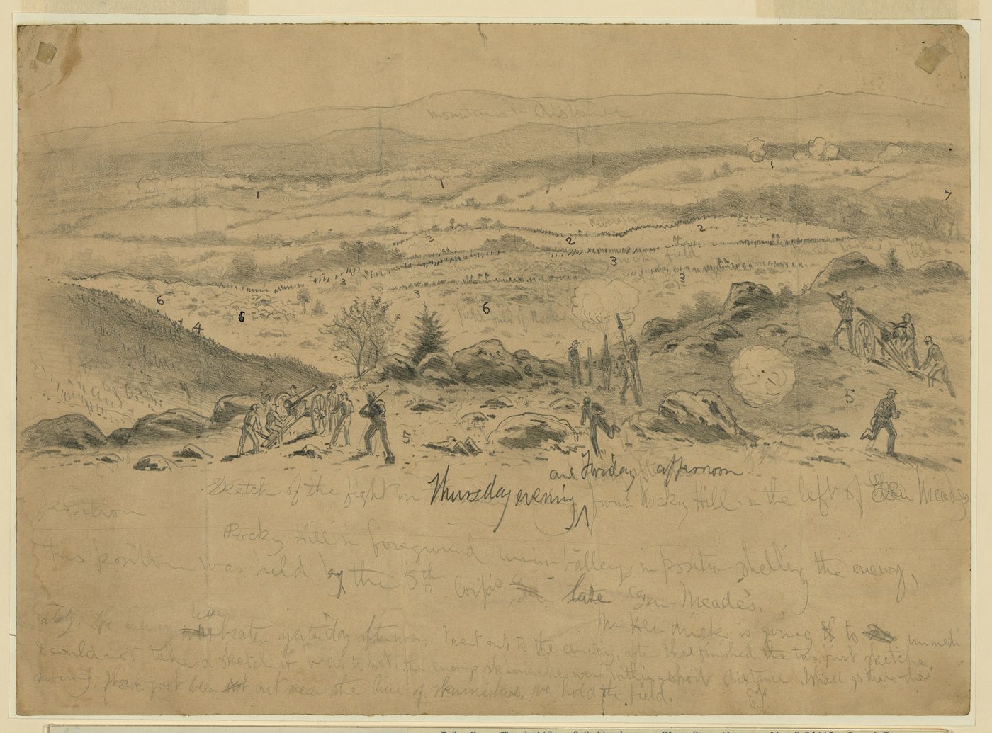 Pencil sketch of a battlefield landscape seen from a hilltop with smoke and lines of troops