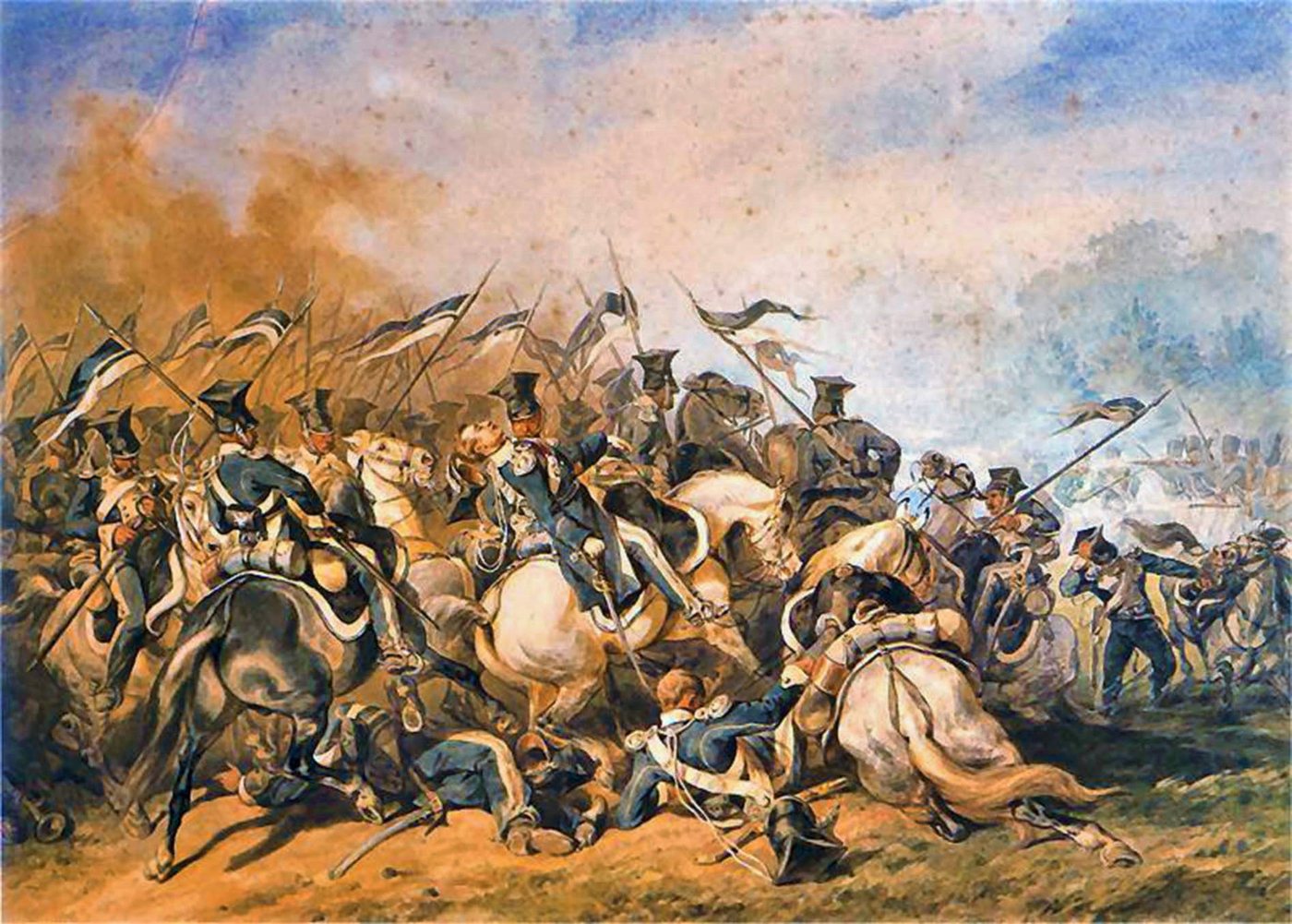 Painting of Polish uhlans with lances charging through smoke