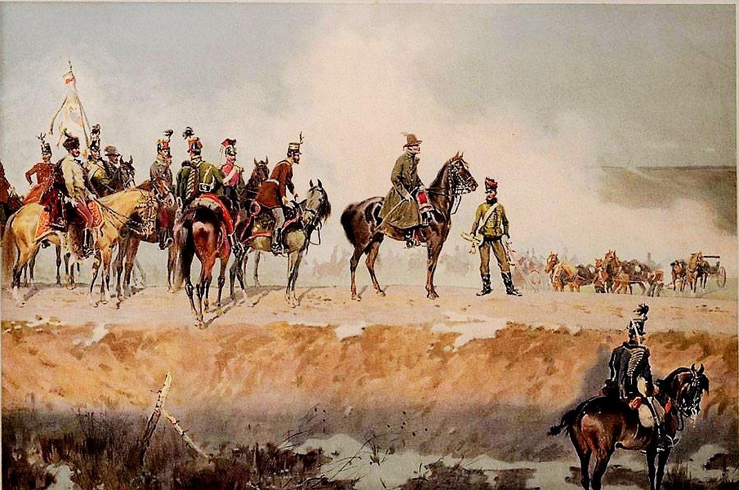 Painting of a group of mounted officers on a rise watching a battle