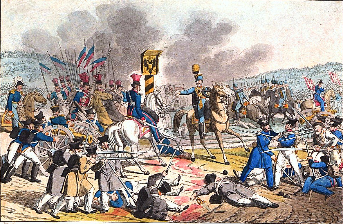 Coloured print of Polish soldiers and scythemen gathered at a border post with an imperial eagle