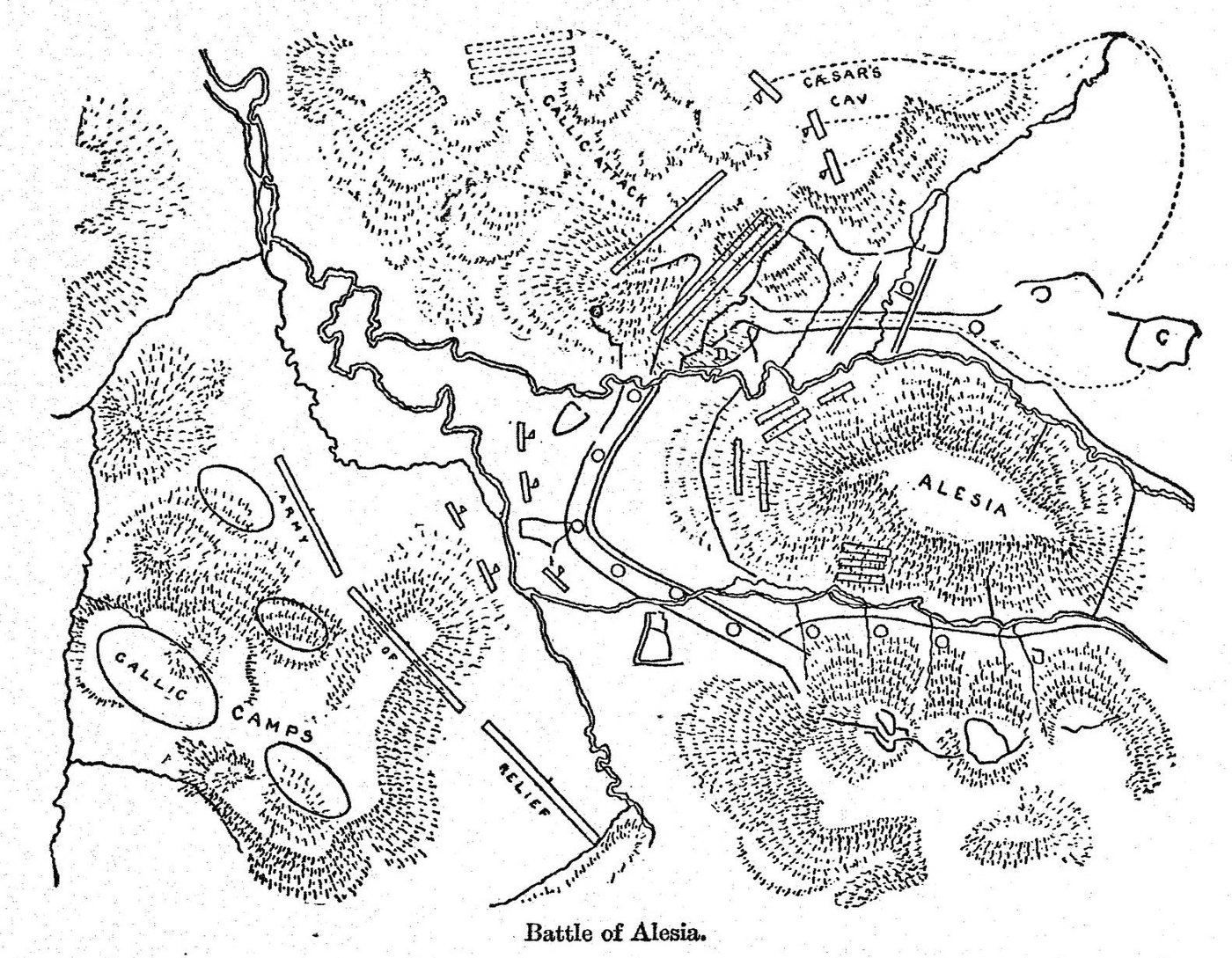 Black and white map of the hill of Alesia ringed by Roman siege works