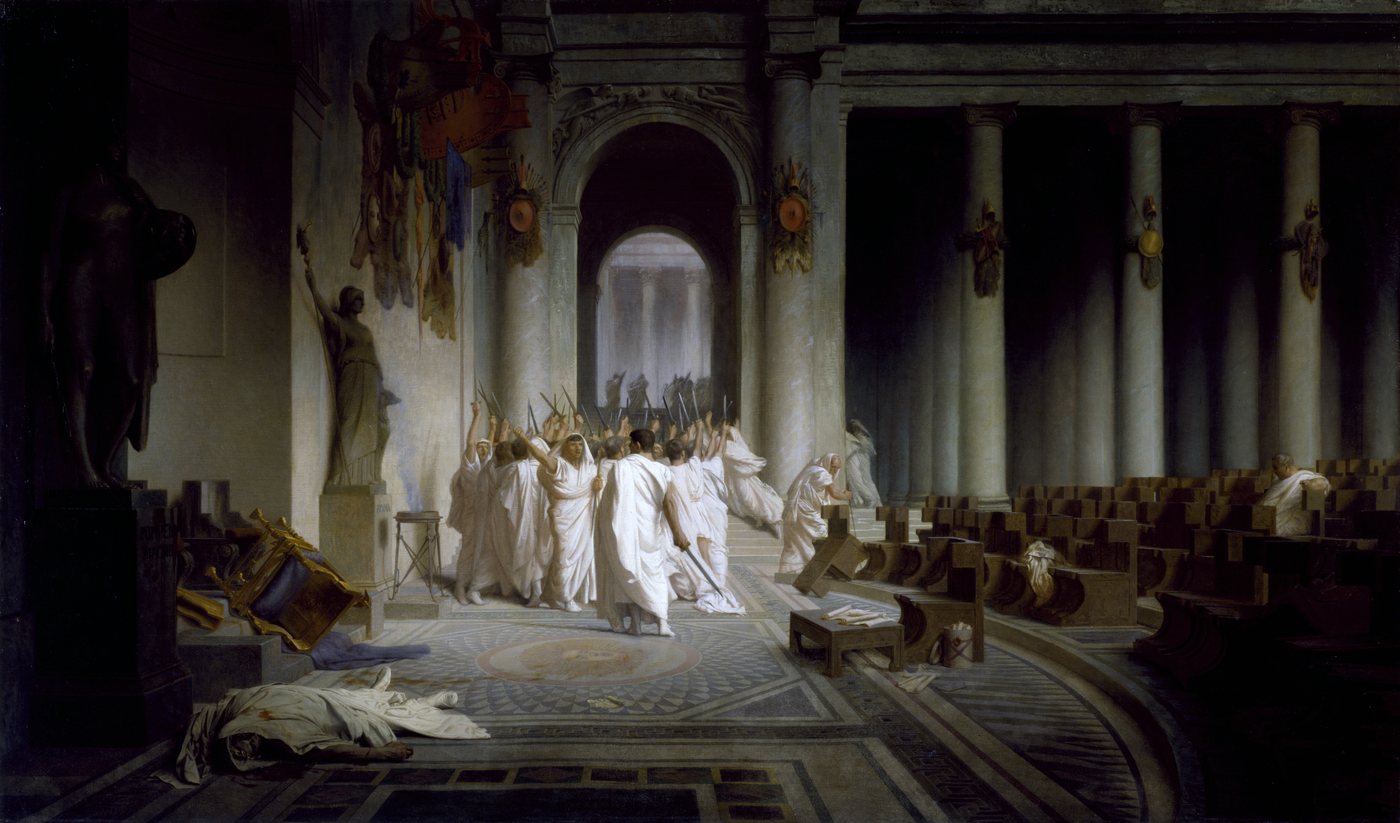 Painting of Roman senators in white togas leaving a columned hall, a body lying on the floor