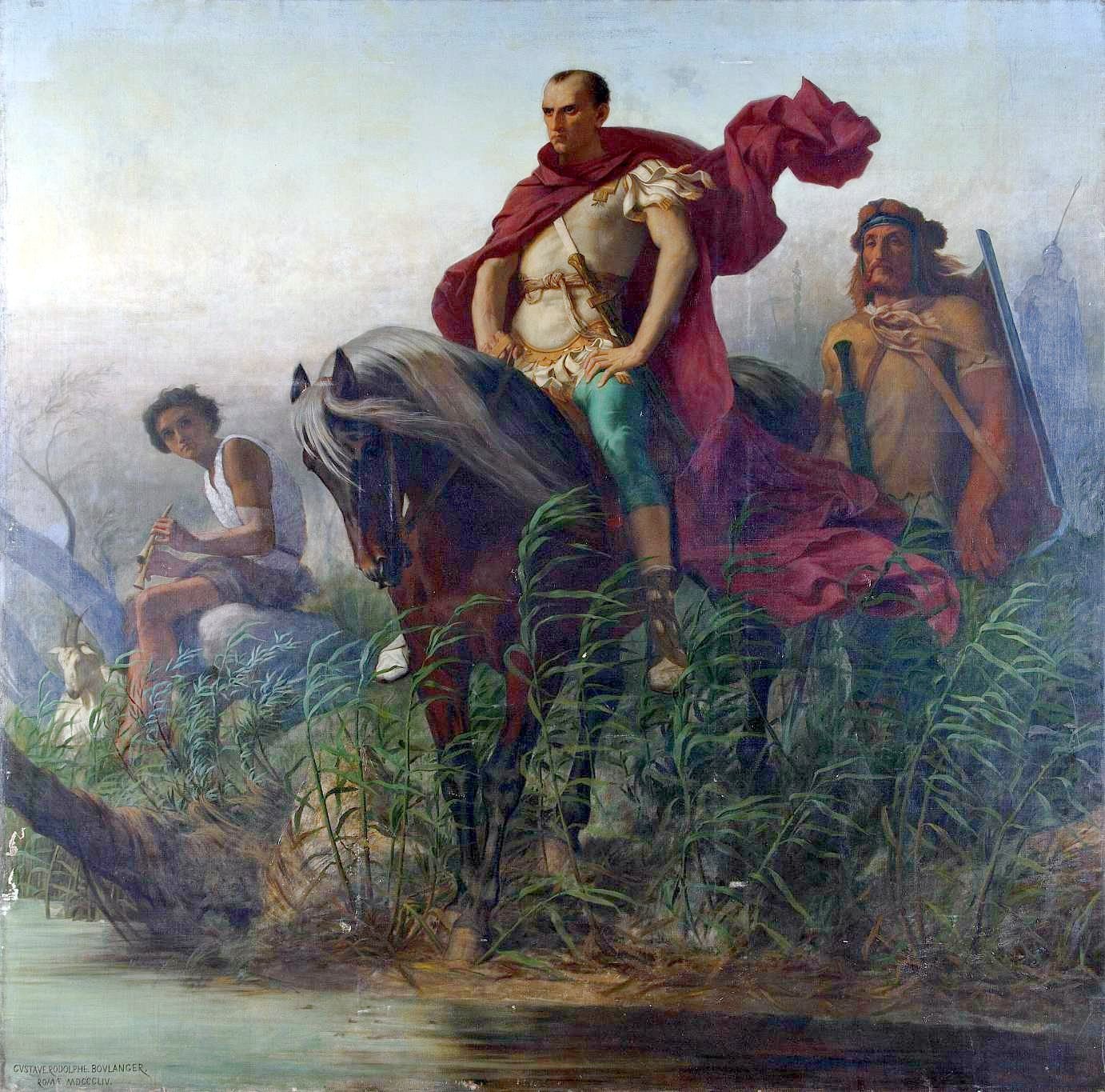 Painting of Caesar in a red cloak on horseback at a reedy riverbank