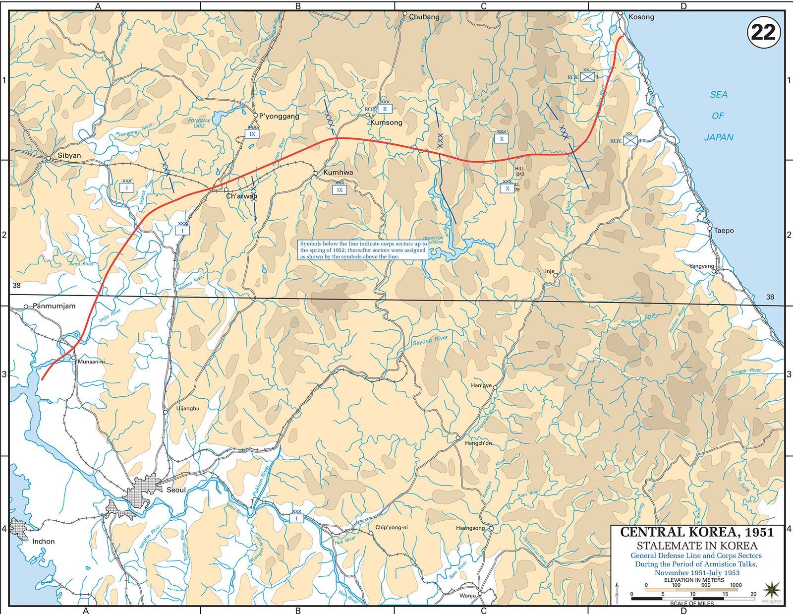 Color relief map of central Korea with rivers, towns such as Kaesong, Seoul, Ch'orwon and Kumhwa, the 38th parallel as a black line and a thick red line marking the UN front line, with army corps symbols along it.