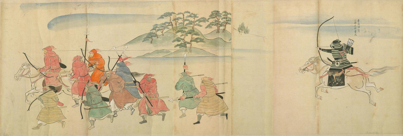 Japanese scroll painting of a mounted samurai shooting arrows at fleeing Mongol soldiers