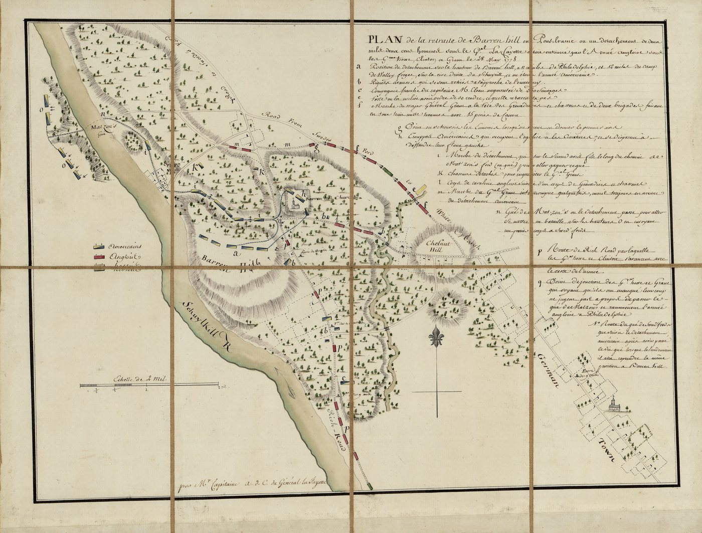 Hand-drawn 1778 military map of Barren Hill and the Schuylkill River with coloured troop positions