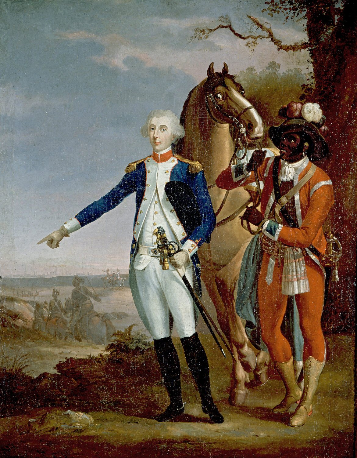 Painting of Lafayette in uniform standing beside a horse held by a Black attendant, with troops and a battlefield behind