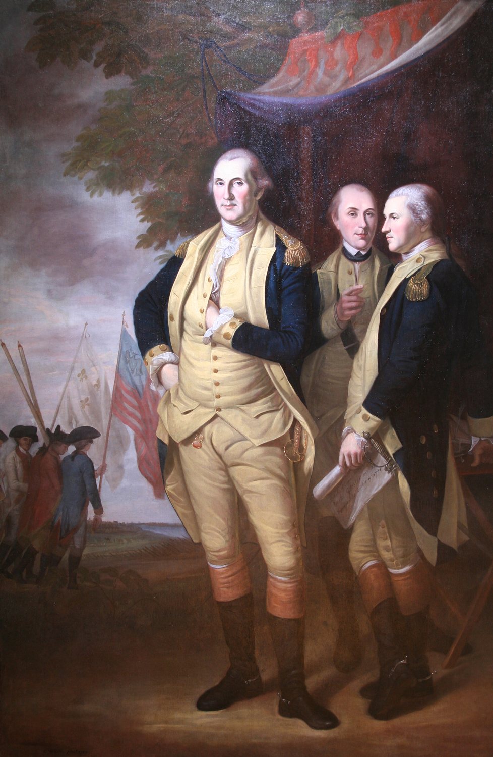 Full-length painting of Washington standing in uniform beside Lafayette and Tilghman, with troops and flags in the background