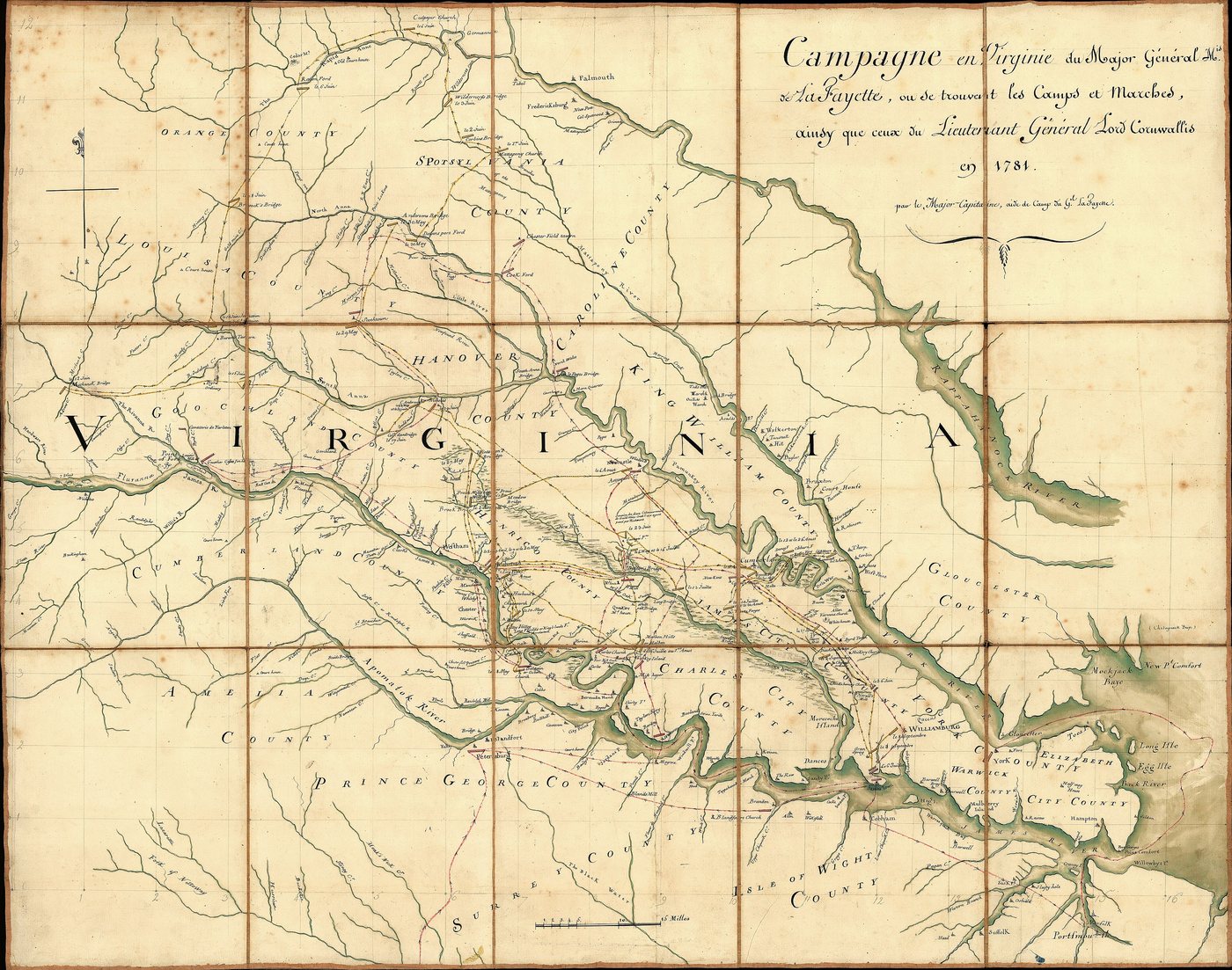 Hand-drawn 1781 map of central and eastern Virginia with rivers, roads and marked routes of the American and British armies