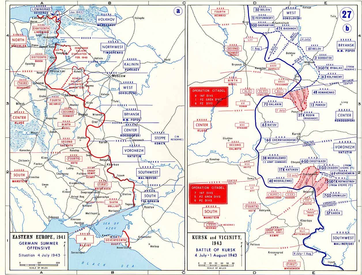 Two panel military map with the Eastern Front line on the left and the Kursk salient with German and Soviet armies on the right