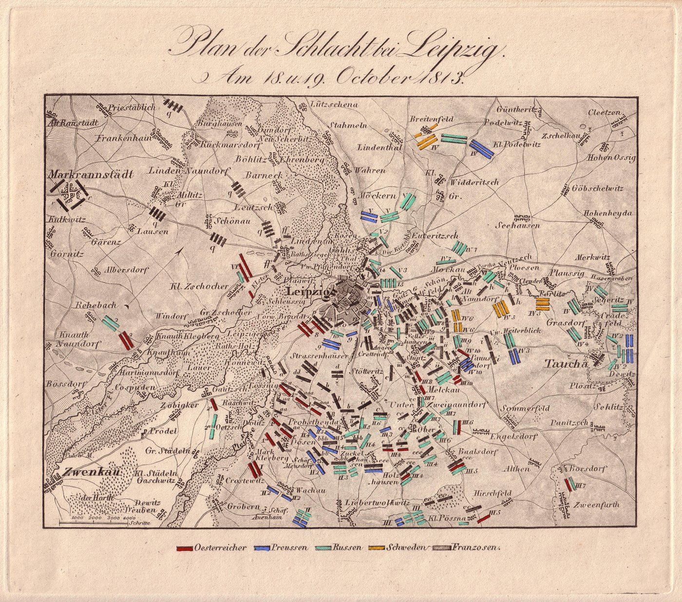 Old engraved map of Leipzig and its villages with coloured rectangles marking army units around the city