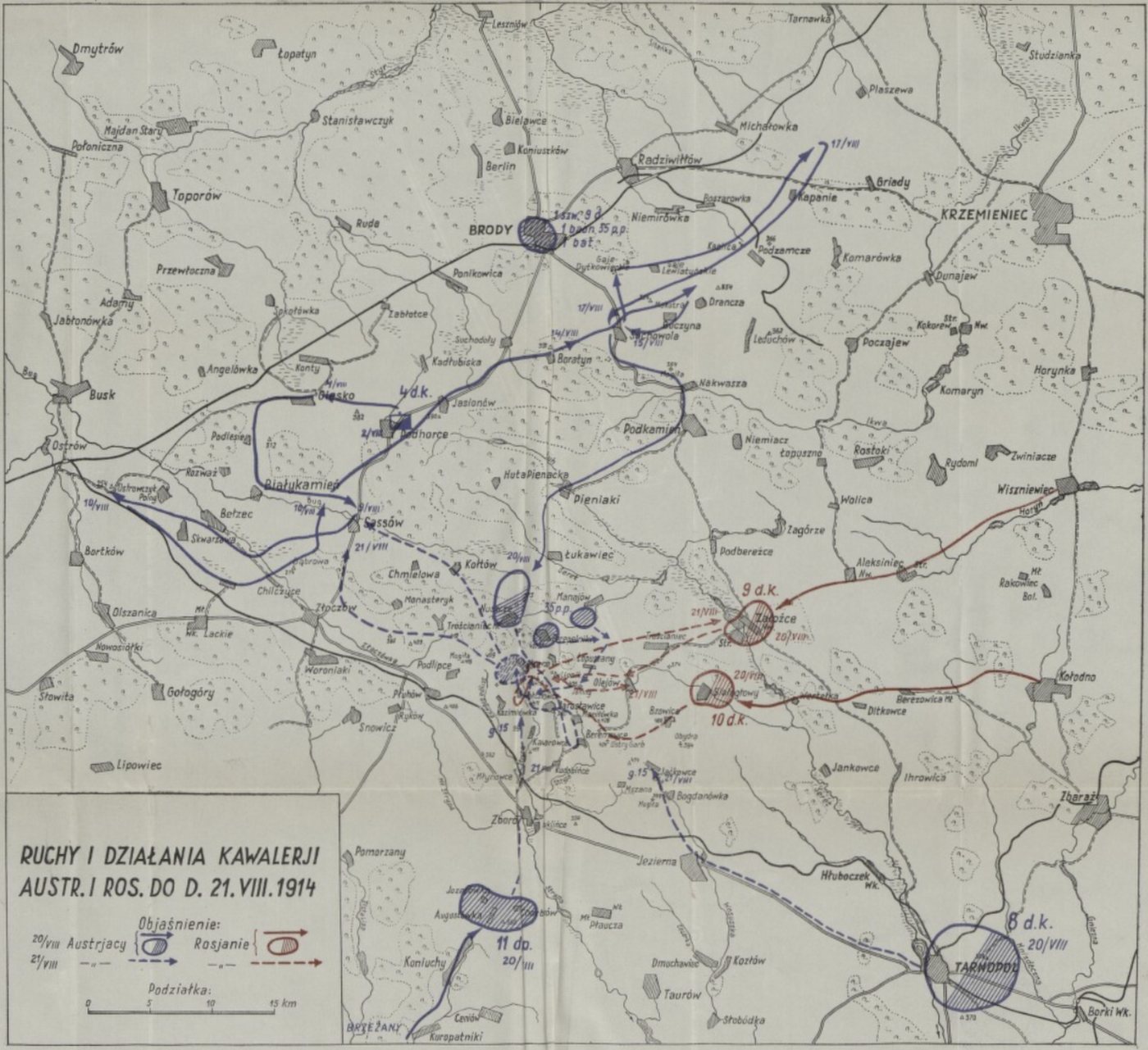 Map of Austro-Hungarian and Russian cavalry movements before Jarosławice, 1914