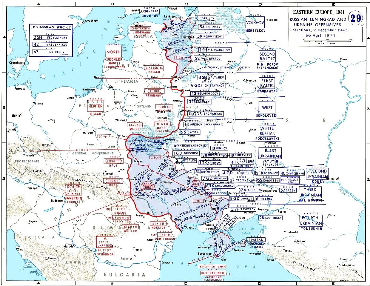 West Point map of the Eastern Front in winter 1943 to 1944, with Soviet advances in blue pushing back from Leningrad