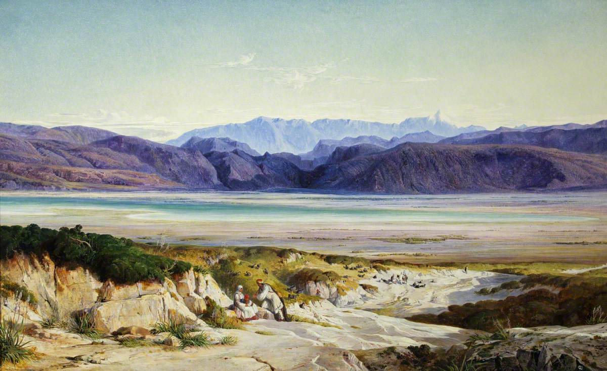 Landscape painting of a wide plain beneath a range of mountains