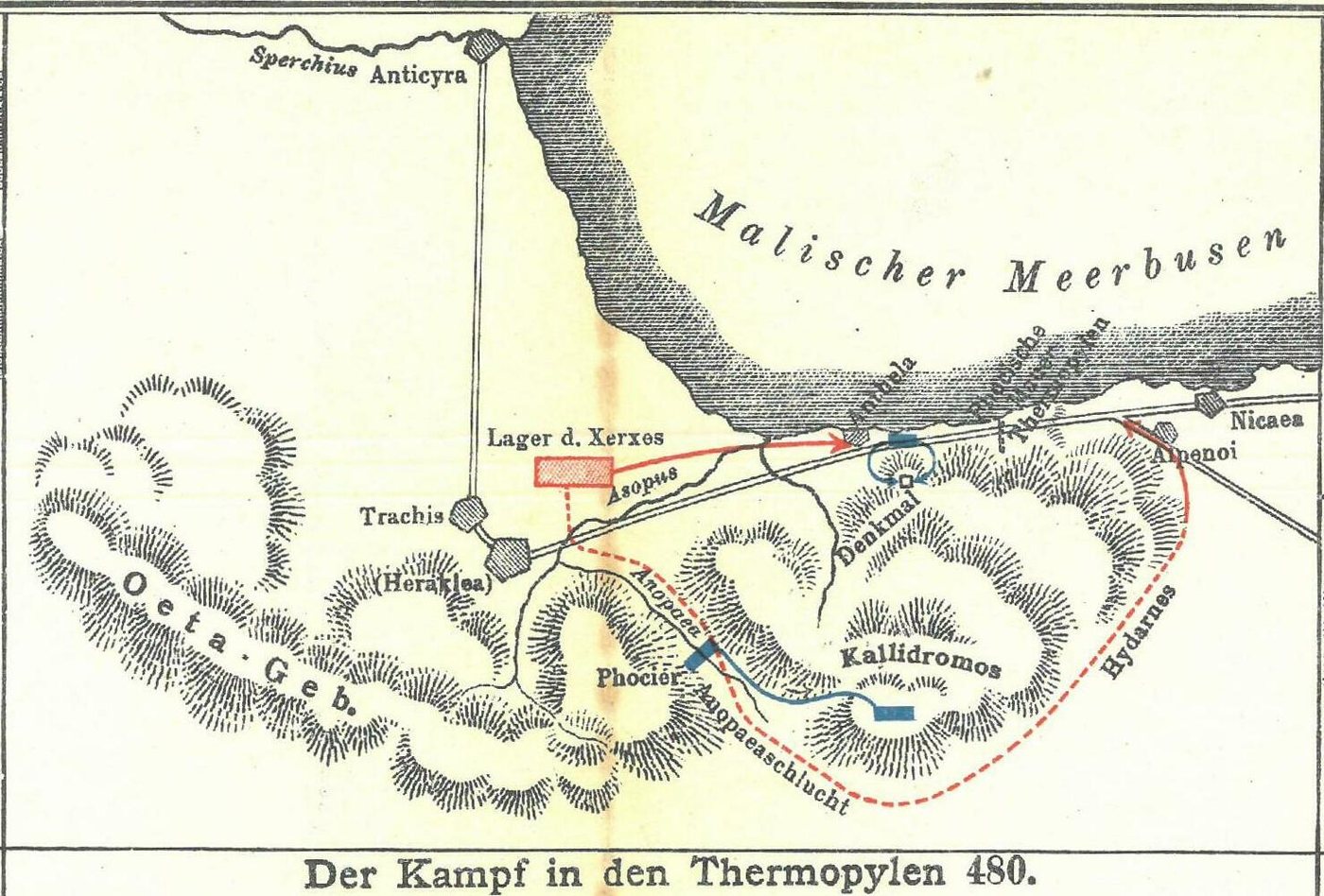 Old map of the pass of Thermopylae with the mountain path around the Greek position