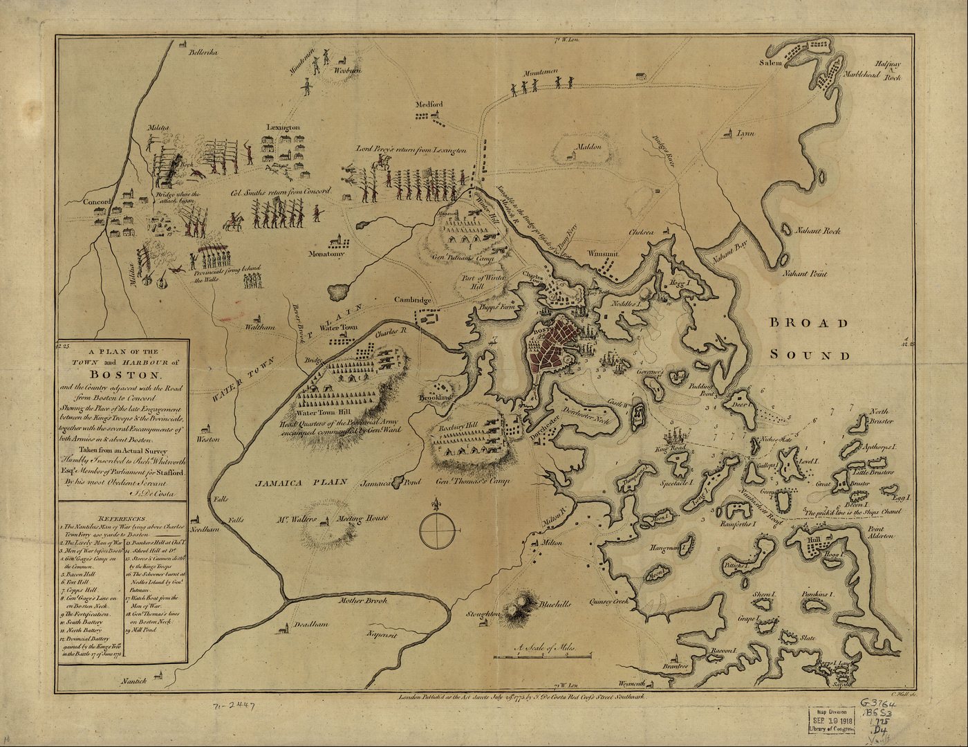 Hand-coloured 1775 map of Boston harbour and the roads inland to Lexington and Concord