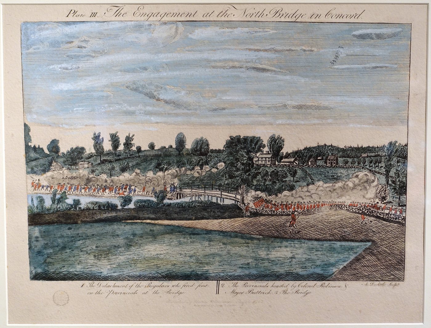 Hand-coloured engraving of militia and British regulars exchanging fire across the North Bridge