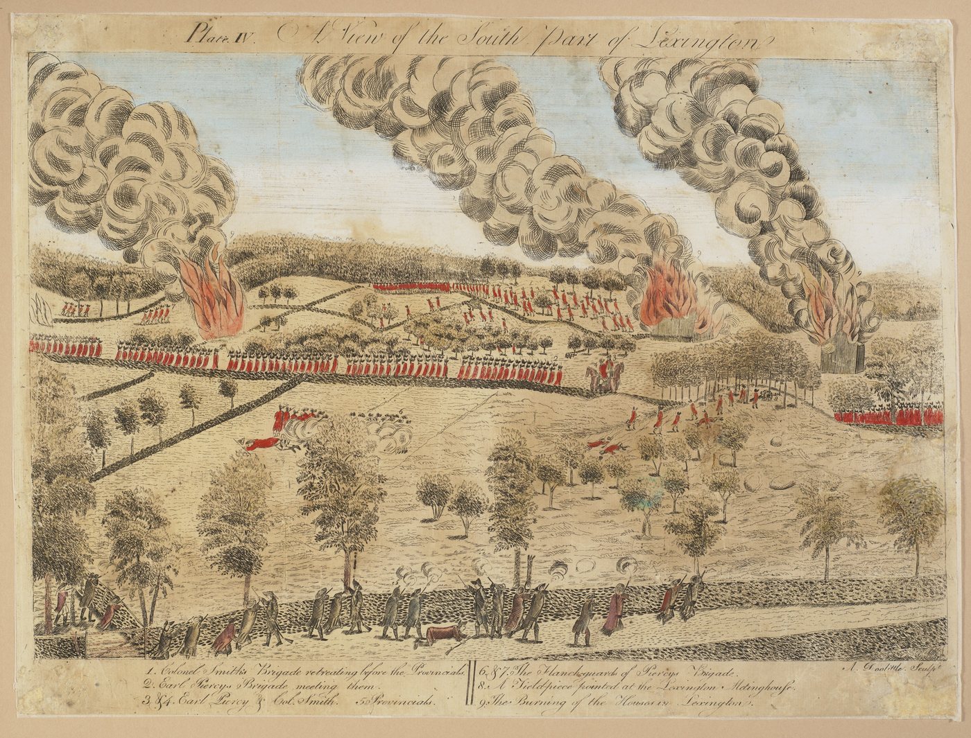 Hand-coloured engraving of British columns on the road at Lexington with houses burning