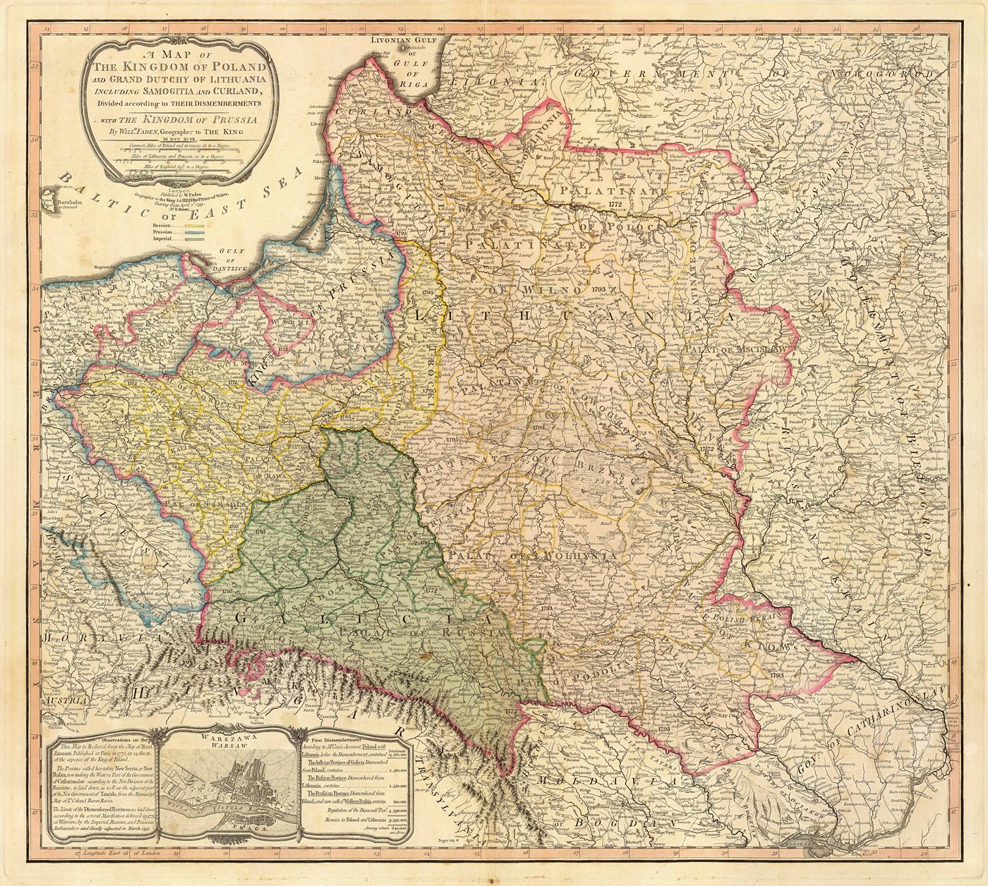 Ręcznie kolorowana sztychowana mapa Europy Wschodniej od Bałtyku po Mołdawię, z ziemiami Polski i Litwy obwiedzionymi na różowo, żółto, niebiesko i zielono dla pokazania rozbiorów, napisem Lithuania pośrodku, ozdobnym kartuszem z tytułem w lewym górnym rogu i planem Warszawy u dołu.