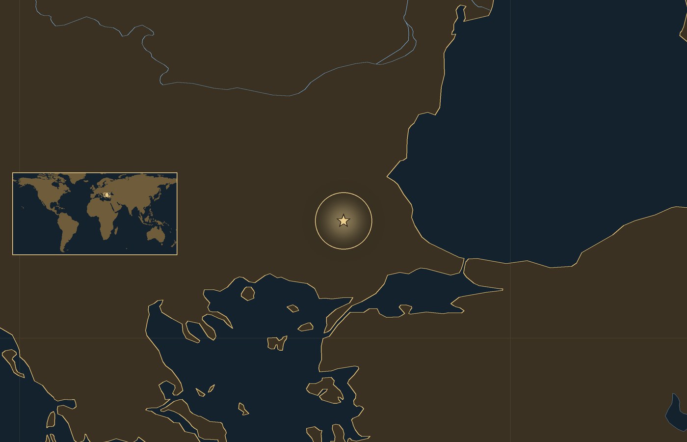 Dark locator map with a gold star in a glowing circle marking the approximate site of Battle of Adrianople, the coasts, rivers and lakes of the region, and a small world map inset with the area boxed
