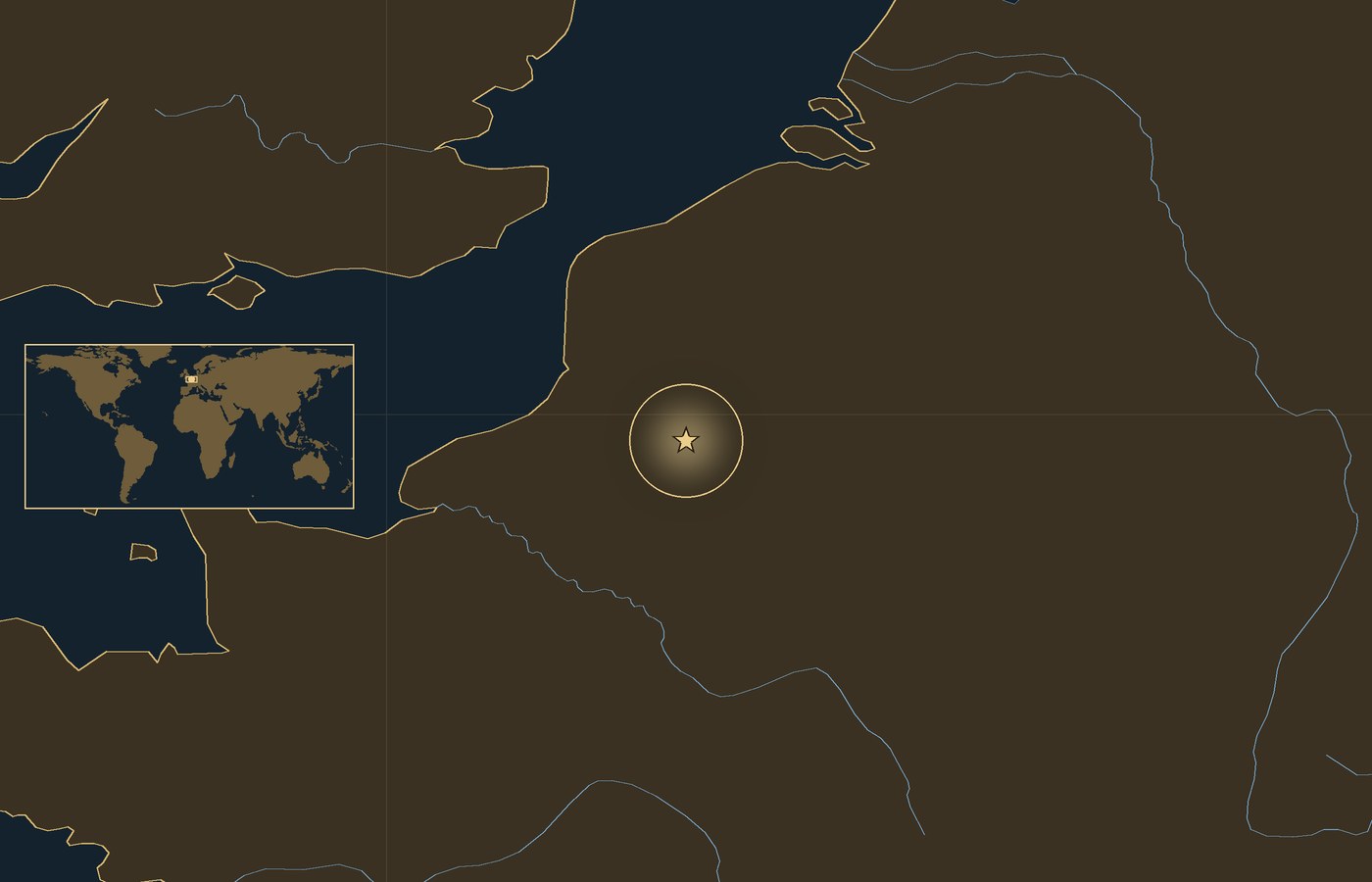 Dark locator map with a gold star in a glowing circle marking the approximate center of the fighting of Battle of Amiens, the coasts, rivers and lakes of the region, and a small world map inset with the area boxed